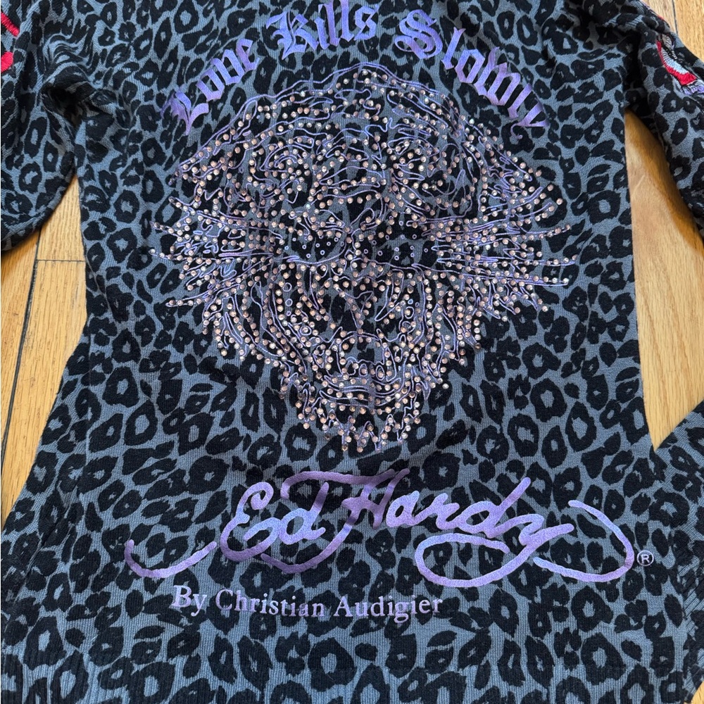 Ed hardy zip up leopard sweater